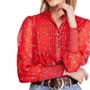 Free People Flowers In December Long Sleeve Floral Printed Top Red Sz. XS